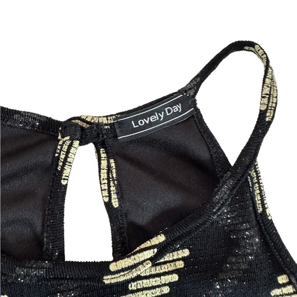 Lovely Day Black Cream Zigzag Print Sparkle Metallic Halter Midi Dress Size S - Picture 14 of 17